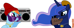 Size: 3039x1155 | Tagged: safe, artist:roger334, character:princess luna, character:rainbow dash, species:pony, beanie, boombox, clothing, hat, paperclip, phonograph, rap, rapping, simple background, sunglasses, transparent background, vector