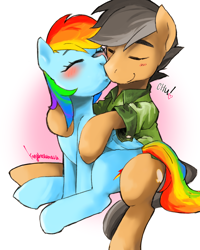 Size: 1280x1600 | Tagged: safe, artist:kogarasumaru24, character:quibble pants, character:rainbow dash, species:pony, ship:quibbledash, arms on shoulders, blushing, clothing, cute, dashabetes, eyes closed, female, kissing, love, male, shipping, smiling, straight