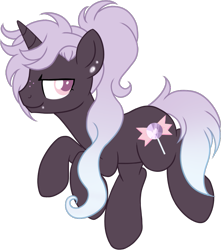 Size: 753x853 | Tagged: safe, artist:sweethearttarot, oc, oc only, oc:ultra violet, species:pony, species:unicorn, ear piercing, earring, jewelry, long mane, looking at you, piercing, ponytail, simple background, smiling, solo, transparent background