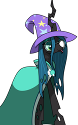 Size: 448x720 | Tagged: safe, artist:rosemile mulberry, character:queen chrysalis, species:changeling, cape, changeling queen, clothing, female, glasses, hat, kathleen barr, nerd, simple background, smiling, solo, tongue out, trixie's hat, voice actor joke, white background