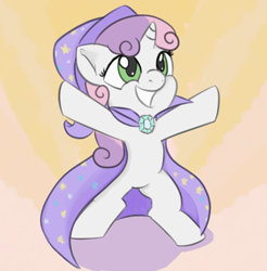 Size: 1120x1137 | Tagged: safe, artist:treekickerdraws, character:sweetie belle, species:pony, species:unicorn, accessory swap, cape, clothing, cute, diasweetes, female, filly, grin, hat, mare, rearing, smiling, solo, standing, the great and powerful, trixie's cape, trixie's hat