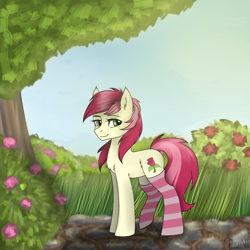 Size: 1000x1000 | Tagged: safe, artist:chickenbrony, character:roseluck, species:earth pony, species:pony, chest fluff, clothing, digital art, female, flower, fluffy, green eyes, mare, smiling, socks, solo, standing, stockings, striped socks, summer, thigh highs, tree