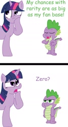 Size: 1216x2270 | Tagged: safe, artist:t-3000, character:spike, character:twilight sparkle, species:dragon, species:pony, species:unicorn, boasting, comic, duo, female, male, mare, simple background, spike is not amused, unamused, white background