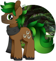 Size: 780x840 | Tagged: safe, artist:amberpone, oc, oc only, oc:jaeger sylva, species:pony, black, brown, brown fur, clothing, commission, cutie mark, drawing, fanart, gray, green, green eyes, green hair, green mane, happy, hooves, lighting, looking at you, male, mane, old art, old art is old, original art, original character do not steal, original style, paint tool sai, painttoolsai, scarf, shading, simple background, smiling, stallion, standing, tail, transparent background, tree, unshorn fetlocks, white