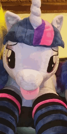 Size: 230x460 | Tagged: safe, artist:earthenhoof, artist:neysanight, character:twilight sparkle, character:twilight sparkle (alicorn), species:alicorn, species:pony, animated, bedroom eyes, clothing, female, gif, irl, life size, loop, photo, plushie, silly, silly pony, socks, solo, striped socks, tongue out