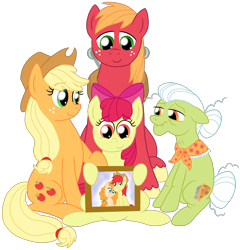 Size: 1750x1822 | Tagged: safe, artist:crazynutbob, character:apple bloom, character:applejack, character:big mcintosh, character:bright mac, character:granny smith, character:pear butter, species:pony, ship:brightbutter, episode:the perfect pear, g4, my little pony: friendship is magic, apple family, female, hoof on shoulder, male, picture frame, remember, shipping, simple background, straight, transparent background