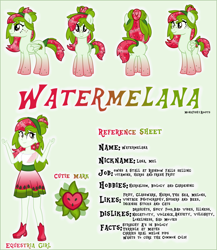 Size: 4016x4622 | Tagged: safe, artist:monkfishyadopts, oc, oc only, oc:watermelana, species:pegasus, species:pony, my little pony:equestria girls, absurd resolution, cutie mark, freckles, gradient hooves, looking at you, melon, ponidox, reference sheet, self ponidox, smiling, square crossover, text, watermelon