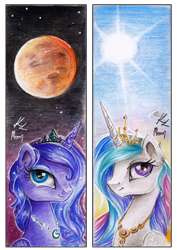 Size: 850x1200 | Tagged: safe, artist:lailyren, artist:moonlight-ki, character:princess celestia, character:princess luna, species:alicorn, species:pony, alicorns, blood moon, bookmark, crown, crowns, day, jewelry, moon, necklace, night, outdoors, regalia, smiling, stars, sunrise, traditional art, wavy mane