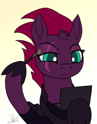 Size: 600x764 | Tagged: safe, artist:zoarvek, character:tempest shadow, species:pony, species:unicorn, my little pony: the movie (2017), armor, broken horn, brush, cute, eye scar, eyeshadow, female, hoof hold, makeover, makeup, mare, out of character, pretty pony, pretty pretty tempest, pun, scar, simple background, solo, tempestbetes, white background
