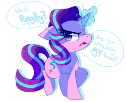 Size: 966x786 | Tagged: safe, artist:sharmie, character:starlight glimmer, species:pony, species:unicorn, episode:fame and misfortune, g4, my little pony: friendship is magic, angry, dialogue, female, floppy ears, glowing horn, magic, profile, scene interpretation, simple background, solo, sparkles, speech bubble, starlight is not amused, unamused, white background