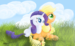 Size: 1440x900 | Tagged: safe, artist:twilightsquare, character:applejack, character:rarity, species:earth pony, species:pony, species:unicorn, ship:rarijack, cuddling, female, grass, lesbian, mare, pony pillow, prone, shipping