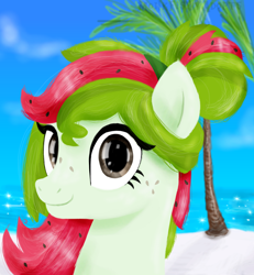 Size: 3472x3760 | Tagged: safe, artist:monkfishyadopts, oc, oc only, oc:watermelana, species:pony, beach, bust, freckles, looking at you, ocean, palm tree, sand, solo, tree