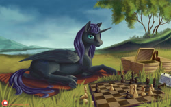 Size: 2560x1600 | Tagged: safe, artist:kirillk, oc, oc only, oc:nyx, species:alicorn, species:pony, g4, alicorn oc, black, board game, cat eyes, chess, chess piece, chessboard, female, looking at camera, looking at you, mare, mountain, nature, purple hair, seductive, seductive pose, slit eyes, solo, tail, wallpaper, wings