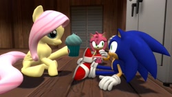 Size: 1366x768 | Tagged: safe, artist:migueruchan, character:fluttershy, character:sonic the hedgehog, species:pony, 3d, amy rose, clothing, crossover, cupcake, food, panties, skirt, sonic the hedgehog (series), underwear, upskirt, white underwear