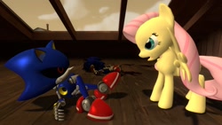 Size: 1366x768 | Tagged: safe, artist:migueruchan, character:fluttershy, character:sonic the hedgehog, species:pony, 3d, crossover, metal sonic, sonic the hedgehog (series)
