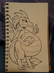 Size: 894x1200 | Tagged: safe, artist:duragan, character:princess ember, species:dragon, episode:triple threat, g4, my little pony: friendship is magic, belly, bloated, chubby, crystal, cute, dragoness, dragonlard ember, eating, emberbetes, fat, female, ink, inking, not pregnant, spoiler, stuffed, stuffing, traditional art, weight gain