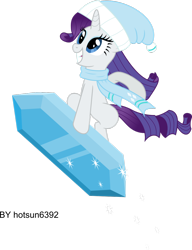 Size: 900x1170 | Tagged: safe, artist:livehotsun, character:rarity, species:pony, species:unicorn, beanie, bipedal, clothing, female, gem, hat, mare, scarf, simple background, sitting, smiling, snowboarding, solo, transparent background, vector