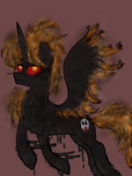 Size: 768x1024 | Tagged: safe, artist:zigragirl, oc, oc only, oc:darkfire, species:alicorn, species:pony, alicorn oc, antagonist, corrupted, dripping, glowing eyes, irc, male, mane of fire, simple background, smiling, smirk, solo, stallion, traditional art