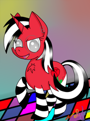 Size: 746x1000 | Tagged: safe, artist:luriel maelstrom, oc, oc only, oc:rosalia, species:pony, chest fluff, dance floor, disco, lights, piercing, pose, red and black oc, signature
