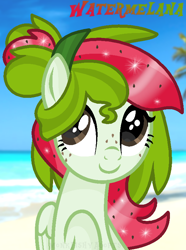 Size: 602x810 | Tagged: safe, artist:monkfishyadopts, base used, oc, oc only, oc:watermelana, species:pony, beach, freckles, ocean, solo