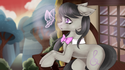 Size: 1366x768 | Tagged: safe, artist:chickenbrony, artist:iluna_shake, character:dj pon-3, character:octavia melody, character:vinyl scratch, species:earth pony, species:pony, background pony, bow, bow tie, butterfly, collaboration, embrace, female, insect, mare, raised hoof, solo, standing, sunset, transparent wings, wallpaper