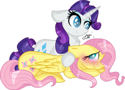 Size: 1507x1086 | Tagged: safe, artist:thepegasisterpony, character:fluttershy, character:rarity, species:pegasus, species:pony, species:unicorn, ship:rarishy, blushing, female, lesbian, mare, prone, shipping, simple background, smiling, transparent background
