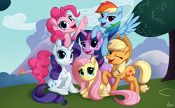 Size: 1800x1110 | Tagged: safe, artist:luminousdazzle, character:applejack, character:fluttershy, character:pinkie pie, character:rainbow dash, character:rarity, character:twilight sparkle, species:pony, clothing, cowboy hat, freckles, hat, looking at you, mane six, mane six opening poses, one eye closed, open mouth, scene interpretation, sitting, stetson, wink