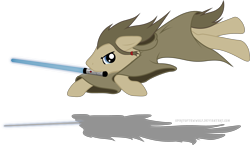 Size: 3485x2015 | Tagged: safe, artist:spiritofthwwolf, character:doctor whooves, character:time turner, species:earth pony, species:pony, crossover, jedi, leaping, lightsaber, male, mouth hold, robe, simple background, stallion, star wars, transparent background, weapon