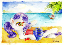 Size: 1024x715 | Tagged: safe, artist:lailyren, artist:moonlight-ki, character:rarity, character:sweetie belle, species:pony, beach, clothing, sunbathing, sunglasses, swimming, swimsuit, traditional art, watercolor painting, waving