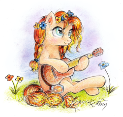 Size: 1024x975 | Tagged: safe, artist:lailyren, artist:moonlight-ki, character:pear butter, species:pony, episode:the perfect pear, g4, my little pony: friendship is magic, female, floral head wreath, flower, guitar, solo, traditional art