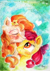Size: 1024x1460 | Tagged: safe, artist:moonlight-ki, character:apple bloom, character:pear butter, species:pony, episode:the perfect pear, g4, my little pony: friendship is magic, female, kiss on the head, mother and daughter, nuzzling, signature, traditional art, watercolor painting