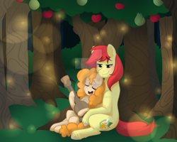 Size: 1024x819 | Tagged: safe, artist:twisted-sketch, character:bright mac, character:pear butter, species:pony, ship:brightbutter, episode:the perfect pear, g4, my little pony: friendship is magic, apple tree, bronycon2017, female, guitar, male, print, shipping, straight, tree, watermark