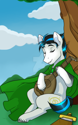 Size: 1024x1638 | Tagged: safe, artist:twisted-sketch, oc, oc only, oc:onyxsong, species:earth pony, species:pony, bronycon2017, commission, eyes closed, guitar, male, sitting, stallion, unshorn fetlocks, watermark