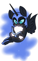 Size: 1024x1638 | Tagged: safe, artist:twisted-sketch, character:nightmare moon, character:princess luna, species:alicorn, species:pony, bronycon2017, chibi, female, mare, simple background, solo, sticker, tangible heavenly object, watermark, white background