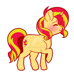 Size: 1024x1002 | Tagged: safe, artist:twisted-sketch, character:sunset shimmer, species:pony, species:unicorn, blushing, bronycon2017, charm, eyes closed, female, happy, mare, merchandise, raised hoof, smiling, solo, watermark