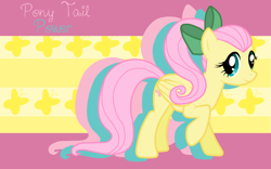 Size: 2560x1600 | Tagged: safe, artist:alicehumansacrifice0, artist:jennieoo, artist:ooklah, edit, character:fluttershy, species:pegasus, species:pony, abstract background, alternate hairstyle, bow, cute, cutie mark, female, mare, ponytail, raised hoof, shyabetes, solo, wallpaper, wallpaper edit