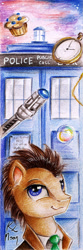 Size: 400x1200 | Tagged: safe, artist:lailyren, artist:moonlight-ki, character:doctor whooves, character:time turner, species:earth pony, species:pony, bookmark, clock, doctor who, floating, food, male, muffin, smiling, solo, sonic screwdriver, stallion, tardis, traditional art