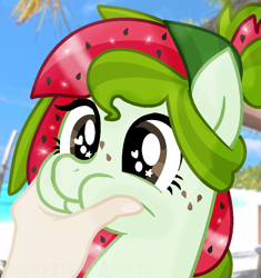 Size: 848x904 | Tagged: safe, artist:monkfishyadopts, base used, oc, oc only, oc:watermelana, species:human, species:pony, beach, freckles, hand, ocean, solo, squishy cheeks, wingding eyes