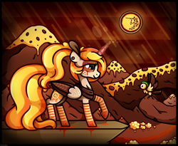Size: 2498x2050 | Tagged: safe, artist:amberpone, oc, oc only, oc:princess margherita, species:alicorn, species:bird, species:pony, adult, alicorn magic, alternate universe, animal, antagonist, birb, black, brown, cel shading, cheese, clothing, crying, cutie mark, digital art, drawing, eye, eyebrows, eyes, fanart, female, flying, food, freckles, gray, green, horn, ketchup, lighting, long tail, looking up, magic, majestic as fuck, makeup, mane, mare, meat, mountain, orange, orange hair, original character do not steal, original style, paint tool sai, painttoolsai, pegasister, pepperoni, pizza, ponytail, popcorn, pose, princess, prize, red, red eyes, red sky, river, sauce, scarf, shading, sky, smiling, socks, standing, stars, tablet drawing, tail, weird, wings, yellow, yellow hair