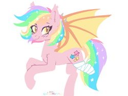 Size: 1024x768 | Tagged: safe, artist:chickenbrony, oc, oc only, oc:paper stars, species:pony, amputee, bandage, blushing, cute, female, looking at you, simple background, solo, sparkles, sparkly mane