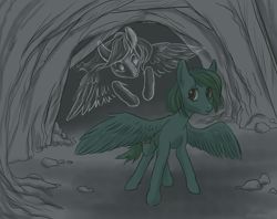 Size: 4812x3812 | Tagged: safe, artist:kovoranu, oc, oc only, oc:cloudy skies (pap), oc:lonely day, cave, ghost, ponies after people