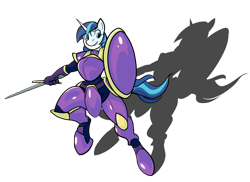 Size: 2000x1456 | Tagged: safe, artist:rubbermage, character:shining armor, species:anthro, species:unguligrade anthro, armor, gleaming shield, rule 63, shadow, shield, simple background, sword, transparent background, weapon