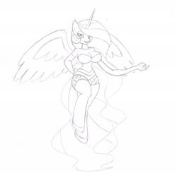 Size: 1913x1872 | Tagged: safe, artist:rubbermage, character:princess celestia, species:anthro, species:unguligrade anthro, barbie doll anatomy, breasts, busty princess celestia, female, hips, simple background, sketch, solo