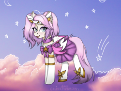 Size: 1024x768 | Tagged: safe, artist:chickenbrony, oc, oc only, art trade, blushing, choker, clothing, crossover, cute, league of legends, looking at you, lux, solo, sparkles, standing, star guardian lux, stars, stockings, thigh highs