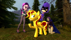 Size: 1366x768 | Tagged: safe, artist:migueruchan, character:starlight glimmer, character:sunset shimmer, species:pony, species:unicorn, my little pony:equestria girls, spoiler:eqg specials, 3d, beanie, brush, clothing, dc comics, gmod, hat, raven (teen titans), teen titans, teen titans go