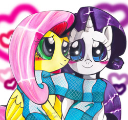 Size: 616x578 | Tagged: safe, artist:aurora-chiaro, character:fluttershy, character:rarity, ship:rarishy, blushing, clothing, female, lesbian, scarf, shared clothing, shared scarf, shipping, traditional art