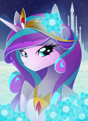 Size: 2084x2878 | Tagged: safe, artist:basykail, character:princess flurry heart, species:alicorn, species:pony, g4, beautiful, bust, crown, crystal empire, cute, featured on derpibooru, female, flower, flurrybetes, glow, grin, hair ornament, jewelry, lidded eyes, looking at you, mare, older, older flurry heart, portrait, regalia, smiling, solo, tiara, wings