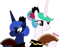 Size: 1889x1518 | Tagged: safe, artist:roger334, character:princess celestia, character:princess luna, species:pony, alternate hairstyle, fan, mexico, simple background, transparent background