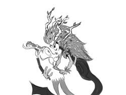 Size: 1000x750 | Tagged: safe, artist:turkleson, character:discord, species:draconequus, blushing, crack shipping, female, gaea everfree, gaeacord, grayscale, male, monochrome, shipping, simple background, straight, white background