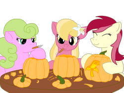 Size: 2000x1500 | Tagged: safe, artist:kiwiscribbles, character:daisy, character:lily, character:lily valley, character:roseluck, species:earth pony, species:pony, carving, eyes closed, female, flower, flower in hair, flower trio, halloween, holiday, jack-o-lantern, knife, mare, mouth hold, pumpkin, simple background, table, transparent background